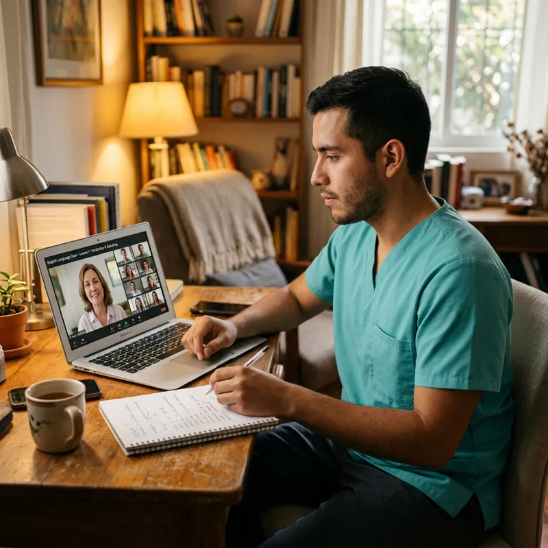 Enfermero tomando clase de inglés en videollamada